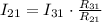 I_{21} = I_{31} \cdot \frac{ R_{31} }{ R_{21} }