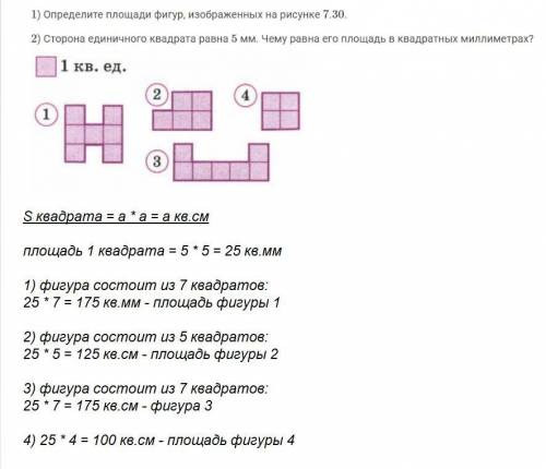 Сторона единичного квадрата равна 5 мм. чему равна его площадь в квадратных миллиметрах? чему равны