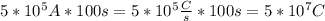 5*10^{5}A * 100s = 5*10^{5}\frac{C}{s} * 100s = 5*10^{7} C