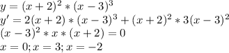 y=(x+2)^2*(x-3)^3 \\&#10;y'=2(x+2)*(x-3)^3+(x+2)^2*3(x-3)^2 \\&#10;(x-3)^2*x*(x+2)=0 \\&#10;x=0;x=3;x=-2 \\&#10;