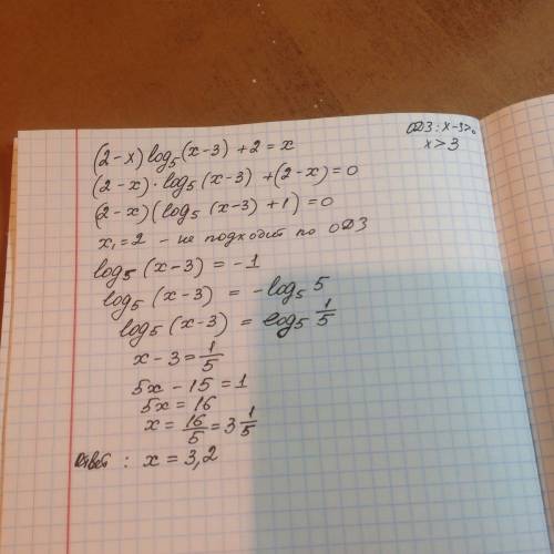 (2-x)*log5(x-3)+2=x решение подробно