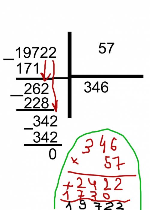 Выполни деление и проверь 19722: 57