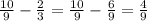 \frac{10}{9} - \frac{2}{3} = \frac{10}{9} - \frac{6}{9} = \frac{4}{9}