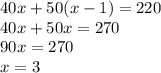 40x+50(x-1)=220\\40x+50x=270\\90x=270\\x=3