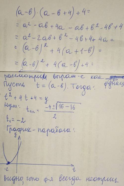 Докажите что выражение ( а-b )(a-b+4) +4 принимает неотрицательные значения при любых значениях пере