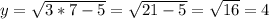 y = \sqrt{3*7 -5} = \sqrt{21-5} = \sqrt{16} = 4