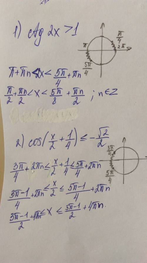 Решить . 1)ctg2x> 1 2)cos(x/2+1/4)< =-корень2/2