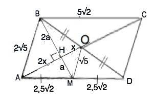 Впараллелограмме авсd сторона ав равна 2 корня из 5, сторона вс равна 5 корней из 2. точка м-середин