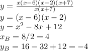 y= \frac{x(x-6)(x-2)(x+7)}{x(x+7)} \\ y=(x-6)(x-2) \\ y=x^2-8x+12 \\ x_B=8/2=4 \\ y_B=16-32+12=-4