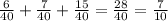 \frac{6}{40} + \frac{7}{40} + \frac{15}{40} = \frac{28}{40} = \frac{7}{10}