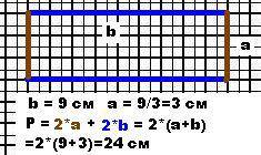 Начерти прямоугольник длина которого 9см а ширина состовляет 1/3 длины. вычисли периметр и площадь э