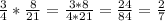 \frac{3}{4} * \frac{8}{21} = \frac{3*8}{4*21} = \frac{24}{84} = \frac{2}{7}