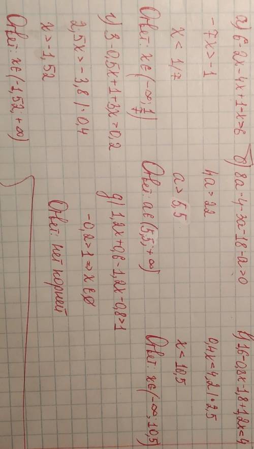 Решить неравенства a) 2(3-x)-(4x-1) b) 4(2a-1)-3(a+6)> a g)0,8(2-x)-0,6(3-2x)< 4 d)0,5(6-x)+(