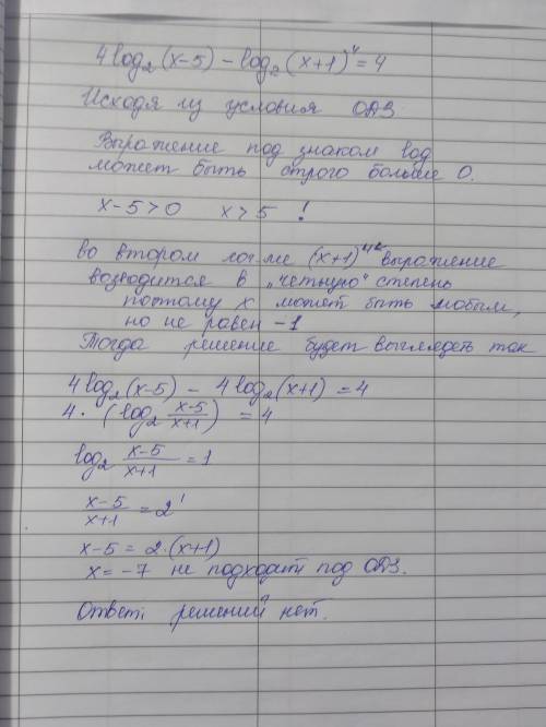 Решите уравнение 4log2(x-5)-log2(x+1)4=4