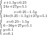 \left \{ {{x+1.5y=0.25} \atop {24x+27y=5.1}} \right. \\ \left \{ {{x=0.25-1.5y} \atop {24*(0.25-1.5y)+27y=5.1}} \right. \\ \left \{ {{x=0.25-1.5y} \atop {6-36y+27y=5.1 }} \right. \\ \left \{ {{y=0.1} \atop {x=0.1}} \right.