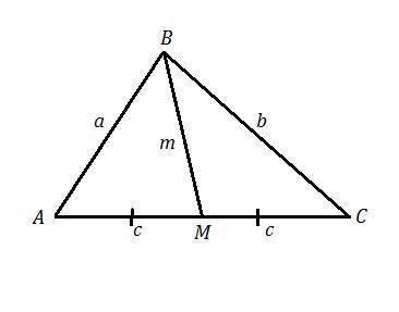 Триугольник с перимитром 22см поделено медианою на два триугольника с периметрами 12см и 16 см.найди