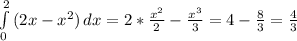 \int\limits^2_0 {(2x- x^{2} )} \, dx = 2* \frac{ x^{2} }{2} - \frac{ x^{3} }{3}= 4 - \frac{8}{3} = \frac{4}{3}