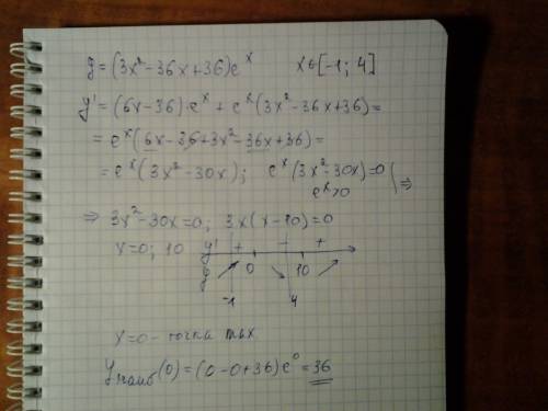 Найдите наибольшее значение функции y=(3x^2-36x+36)e^x на отрезке [-1; 4]