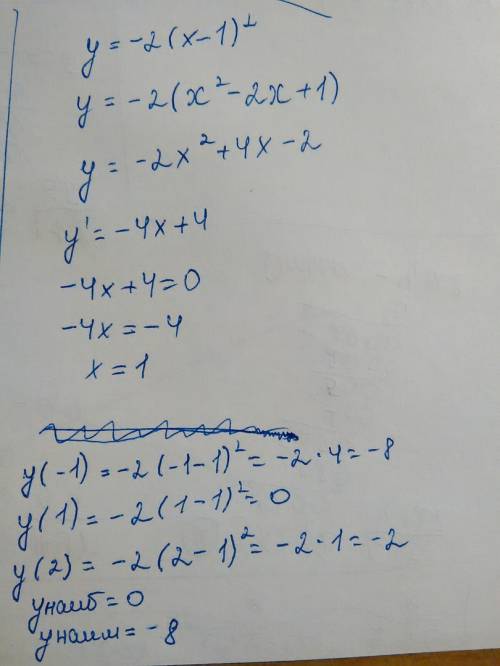 Найдите наибольшее и наименьшее значения функции y = -2(x-1)² на отрезке [-1; 2]