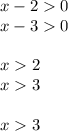 x - 2 0 \\ x - 3 0 \\ \\ x 2 \\ x 3 \\ \\ x 3