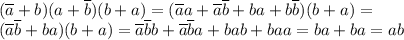 (\overline a+b)(a+\overline b)(b+a)=(\overline aa+\overline a\overline b+ba+b\overline b)(b+a)= \\ (\overline a\overline b+ba)(b+a)=\overline a\overline bb+\overline a\overline ba+bab+baa=ba+ba=ab