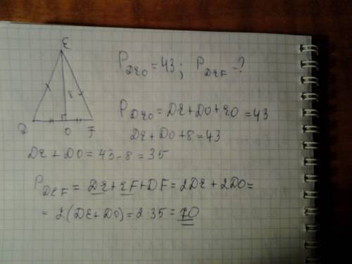 Урівнобедреному трикутнику def (de=ef) провели висоту eo, довжина якої дорівнює 8 см. зайдіть периме