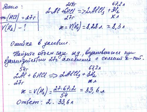 Найдите объем газа н. у., выделившегося при взаимодействии 27 г соляной кислоты с алюминием