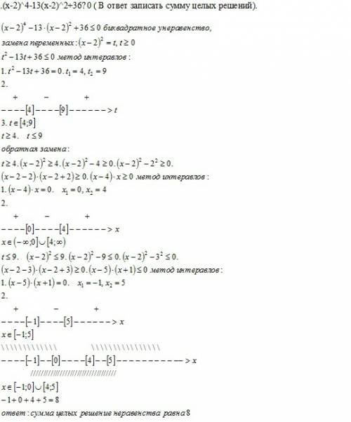 1.(x-2)^4-13(x-2)^2+36≤0 ( в ответ записать сумму целых решений). 2. x^2-3|x|+2≤0 (в ответ записать