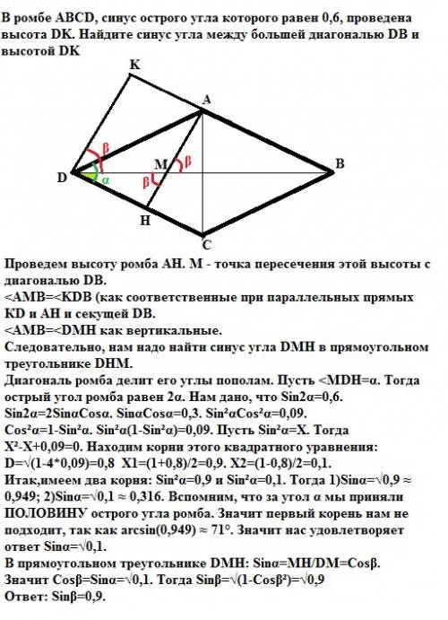 Вромбе abcd, синус острого угла которого равен 0,6, проведена высота dk. найдите синус угла между бо