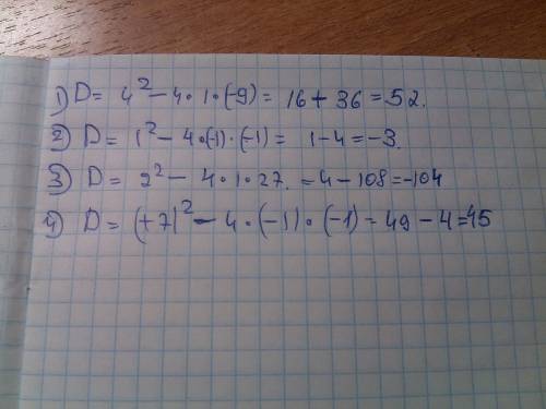 Вычислите дискриминант уравнения. x²-4x-9=0 -x²+x-1=0 x²+2x+27=0 -x²-7x-1=0