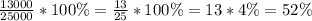 \frac{13000}{25000} *100\%= \frac{13}{25} *100\%=13*4\%=52\%