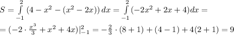 S= \int\limits^2_{-1} {(4-x^2-(x^2-2x))} \, dx =\int \limits ^2_{-1}(-2x^2+2x+4)dx=\\\\=(-2\cdot \frac{x^3}{3}+x^2+4x)|_{-1}^2=-\frac{2}{3}\cdot (8+1)+(4-1)+4(2+1)=9