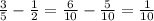 \frac{3}{5} - \frac{1}{2} = \frac{6}{10} - \frac{5}{10} = \frac{1}{10}