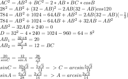 AC^2=AB^2+BC^2-2*AB*BC*cosB\\&#10;28^2=AB^2+(32-AB)^2-2AB(32-AB)cos120\\&#10;784=AB^2+1024-64AB+AB^2-2AB(32-AB)(-\frac{1}{2})\\&#10;784=AB^2+1024-64AB+AB^2+32AB-AB^2\\&#10;AB^2-32AB+240=0\\&#10;D=32^2-4*240=1024-960=64=8^2\\&#10;AB_1=\frac{32+8}{2}=20\\&#10;AB_2=\frac{32-8}{2}=12=BC\\\\&#10;\frac{20}{sinC}=\frac{12}{sinA}=\frac{28}{\frac{\sqrt3}{2}}\\sinC=\frac{10\sqrt3}{28}=\frac{5\sqrt3}{14}=\ \textgreater \ C=arcsin\frac{5\sqrt3}{14}\\sinA=\frac{6\sqrt3}{28}=\frac{3\sqrt3}{14}=\ \textgreater \ A=arcsin\frac{3\sqrt3}{14}