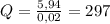 Q= \frac{5,94}{0,02} =297