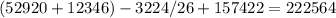 (52920+12346)-3224/26+157422=222564