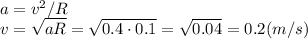 a = v^2/ R\\v = \sqrt{aR}=\sqrt{0.4\cdot 0.1}=\sqrt{0.04}=0.2(m/s)