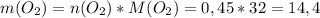 m(O_2)=n(O_2)*M(O_2)=0,45*32=14,4