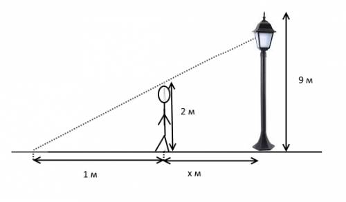 На каком расстоянии ( в метрах ) от фоноря стоит человек ростом 2 м. если длина его тени равна 1 м,