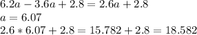 6.2a-3.6a+2.8=2.6a+2.8\\a=6.07\\2.6*6.07+2.8=15.782+2.8=18.582