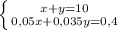 \left \{ {{x+y=10} \atop {0,05x+0,035y=0,4}} \right.