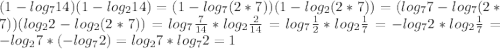 (1-log_{7}14)(1-log_{2}14)=(1-log_{7}(2*7))(1-log_{2}(2*7))=(log_{7}7-log_{7}(2*7))(log_{2}2-log_{2}(2*7))=log_{7}\frac{7}{14} *log_{2}\frac{2}{14}=log_{7}\frac{1}{2} *log_{2}\frac{1}{7}=-log_{7}2*log_{2}\frac{1}{7} =-log_{2}7*(-log_{7}2)=log_{2}7*log_{7}2=1