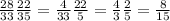 \frac{28}{33} \frac{22}{35} = \frac{4}{33} \frac{22}{5} = \frac{4}{3} \frac{2}{5} = \frac{8}{15}