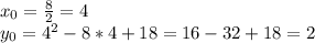 x_0=\frac{8}{2}=4\\&#10;y_0=4^2-8*4+18=16-32+18=2