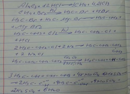 Al4c3→x1→ch3br→x2→c2h5cl→бутан→бутен-2→(kmno4, h2so4 под этими веществами) ch3cooh