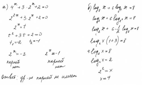 Решите уравнение , a) 4^x-3*2^x+2=0; б)log2x+6log4x=8