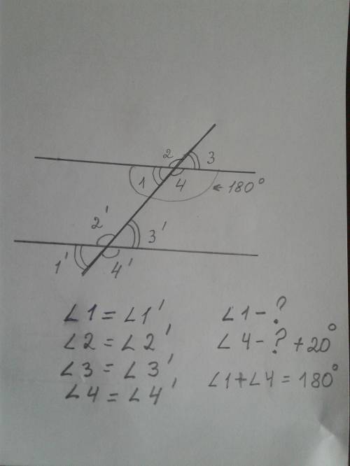 Даны две параллельные прямые и секущая. один из внутренних односторонних углов больше другого на 20г