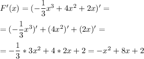 F'(x)=(-\dfrac{1}{3}x^3+4x^2+2x)' =\\\\ = (-\dfrac{1}{3}x^3)'+(4x^2)'+(2x)'=\\ \\ =-\dfrac{1}{3}*3x^2+4*2x+2=-x^2+8x+2