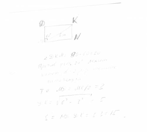 Диагональ mk прямоугольника mndk=6см и составляется со стороной md=60градусов. найти s прямоугольник