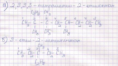 Составить структурные формулы: а) 2,3,3,5-тетраметил-3етил октан б)3-тил-3метилпентан